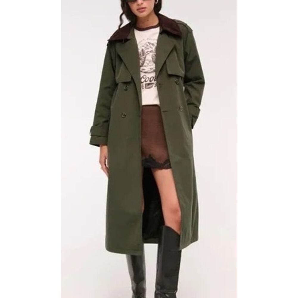 Abercrombie & Fitch Belted Trench Coat Size Large Green Utility Street Luxury